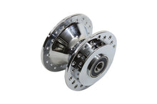 Load image into Gallery viewer, V-Twin chrome front wheel hub for motorcycle wheel and tire, featuring a polished finish and durable construction.