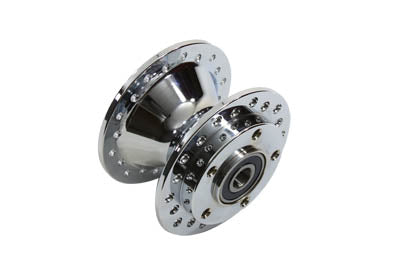 V-Twin chrome front wheel hub for motorcycle wheel and tire, showcasing polished metal finish and detailed design.