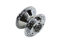 Load image into Gallery viewer, V-Twin chrome front wheel hub for motorcycle wheel and tire, showcasing polished metal finish and detailed design.