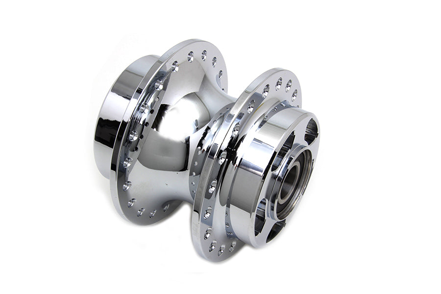 V-TWIN chrome front wheel hub for motorcycle wheel and tire, showcasing polished metal finish and detailed design.