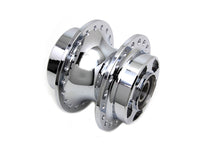 Load image into Gallery viewer, V-TWIN chrome front wheel hub for motorcycle wheel and tire, showcasing polished metal finish and detailed design.