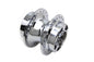 V-TWIN chrome front wheel hub for motorcycle wheel and tire, showcasing polished metal finish and detailed design.