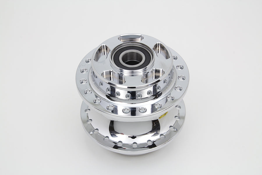 V-TWIN chrome front wheel hub for motorcycle wheel and tire, featuring polished metal finish and detailed design.
