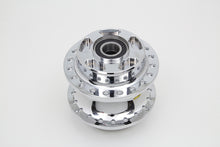 Load image into Gallery viewer, V-TWIN chrome front wheel hub for motorcycle wheel and tire, featuring polished metal finish and detailed design.