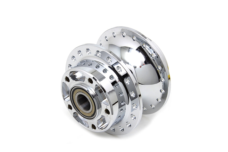 V-TWIN chrome front wheel hub for motorcycle wheel and tire assembly, showcasing shiny metallic finish and detailed construction.