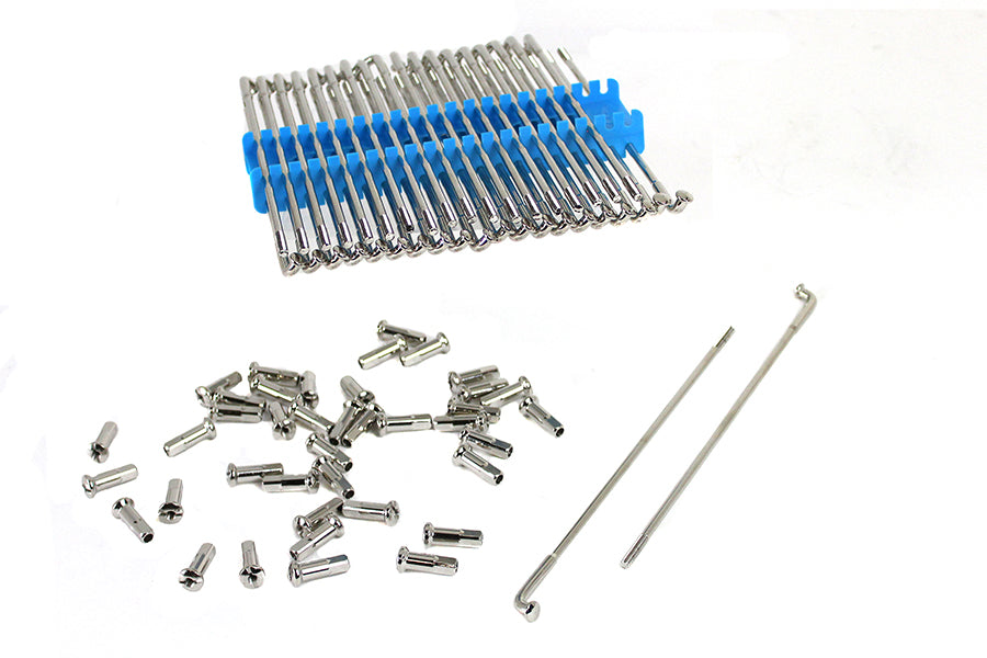 V-TWIN VL Nickel Plated 18-inch spoke set for motorcycle wheel and tire assembly, featuring polished metal spokes.