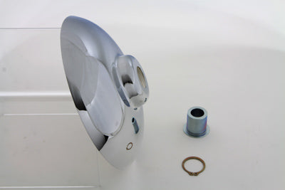 V-TWIN chrome hub cap kit for wheel and tire, featuring polished chrome finish and high-quality V-TWIN branding.
