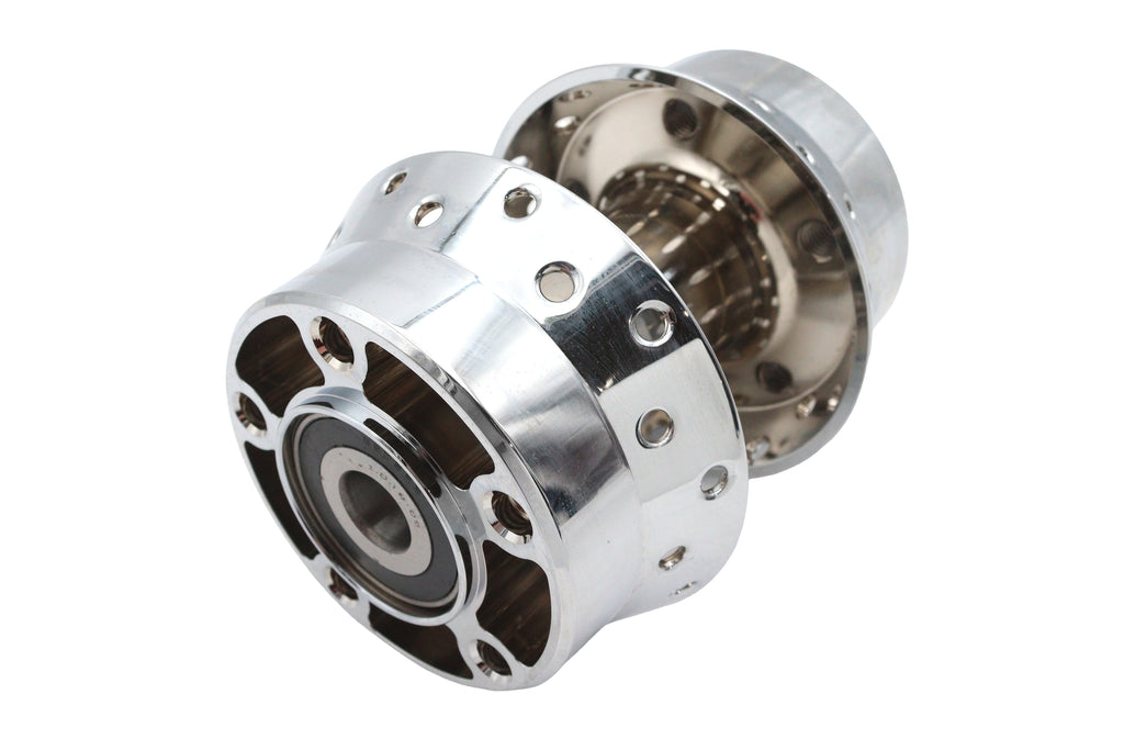 V-TWIN factory sample rear wheel hub with 3/4 inch bearings in chrome finish for motorcycle wheel and tire assembly.