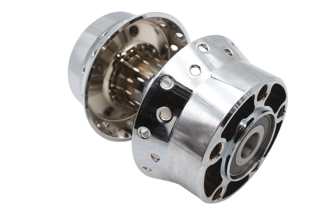V-TWIN factory rear wheel hub with chrome finish and 3/4 inch bearings, designed for motorcycle wheel and tire applications.