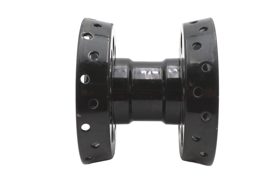 V-Twin factory sample wheel hub in black mounted on a wheel and tire, showcasing durable motorcycle wheel component.