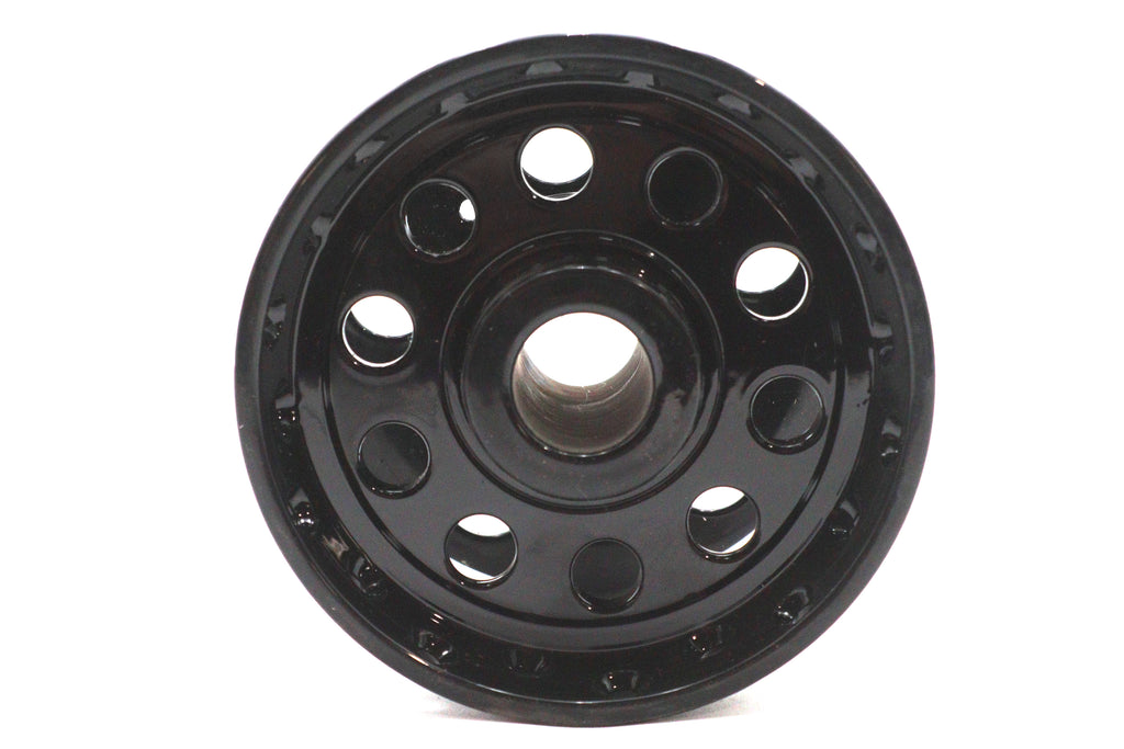 Black V-Twin Factory Sample Wheel Hub for V-Twin wheel and tire assembly, shown in a close-up view.