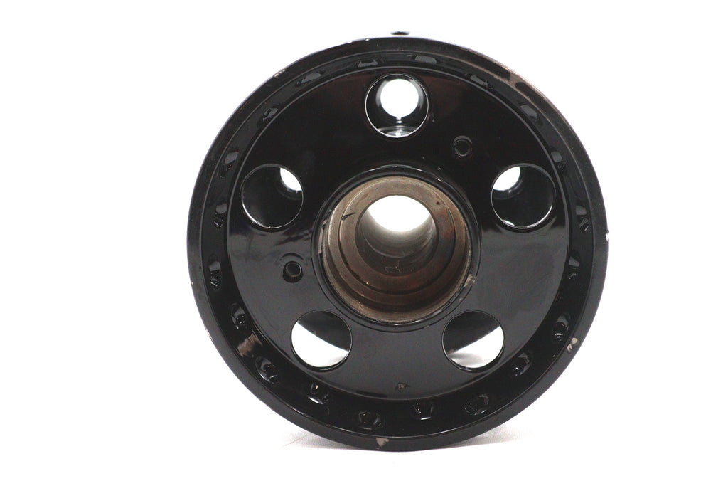 V-Twin factory sample black wheel hub for wheel and tire, showing a close-up of the black metal hub with mounting details.
