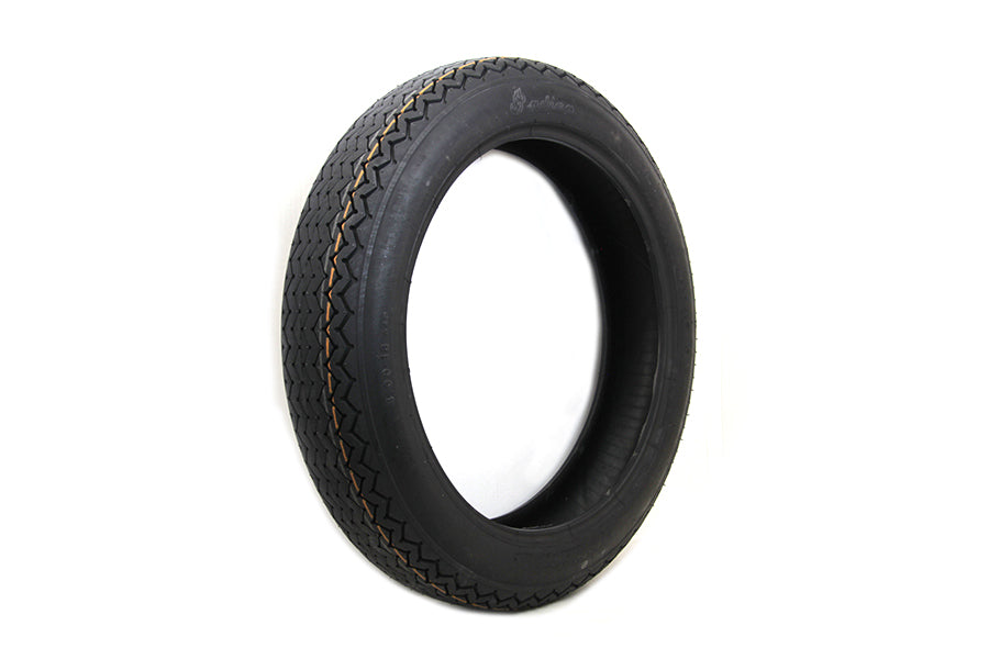 Coker Tire Firestone replica 4.00 x 18 inch wheel and tire with Indian script design on sidewall, vintage automotive style