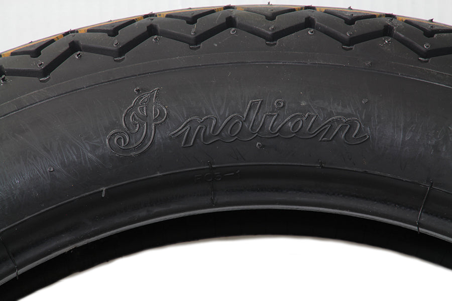 Coker Tire Firestone Replica 4.00x18 inch Indian Script wheel and tire with vintage design and white sidewall detail.