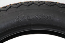 Load image into Gallery viewer, Coker Tire Firestone Replica 4.00x18 inch Indian Script wheel and tire with vintage design and white sidewall detail.
