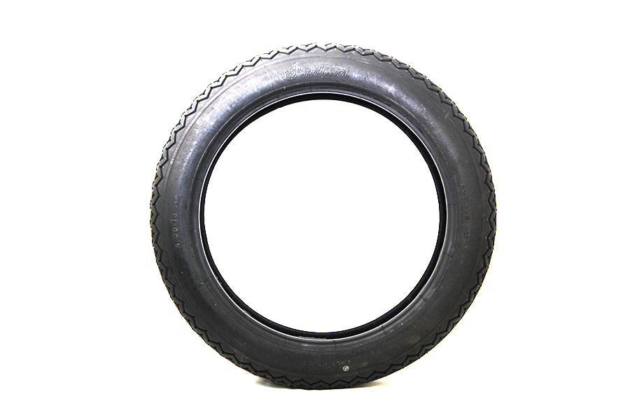 Coker Tire Firestone Replica 4.00 x 18 inch wheel and tire with Indian script design on vintage-style tire sidewall.
