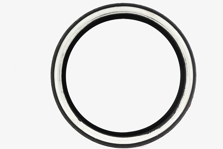 Vee Rubber whitewall tire, 130/50 x 23 inch wheel and tire for motorcycles, featuring a classic whitewall design.
