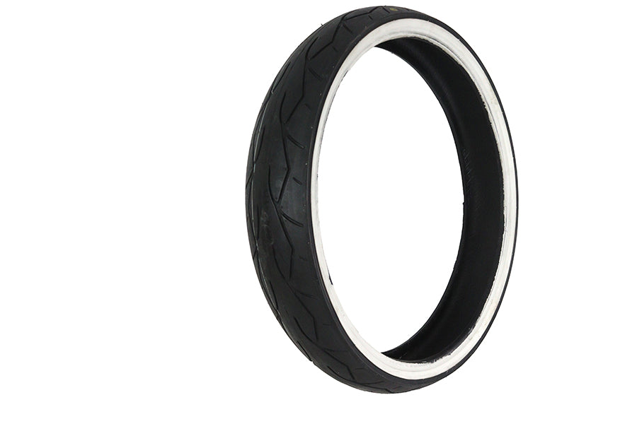 Vee Rubber 130/50 x 23 inch whitewall tire mounted on wheel, showcasing classic design and durable rubber construction.