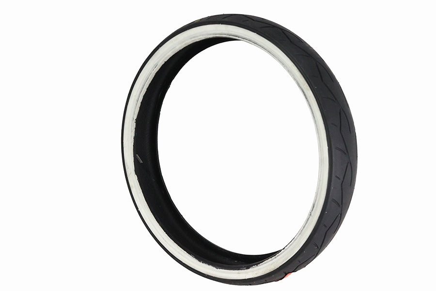 Vee Rubber 130/50 X 23 inch whitewall tire mounted on wheel, suitable for motorcycle or scooter, with detailed tread pattern visible.