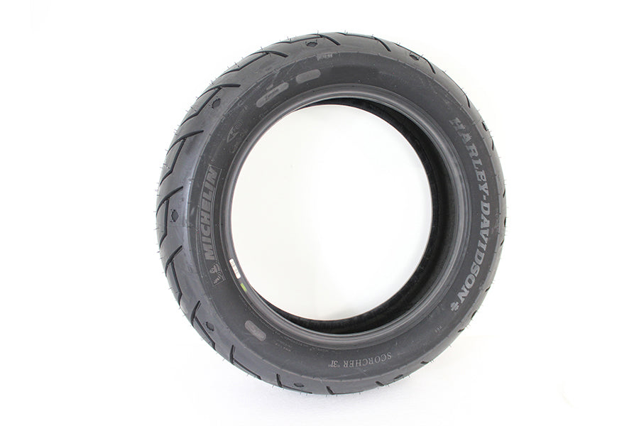 Michelin Scorcher II 120/70ZR18 blackwall motorcycle tire mounted on wheel, showing tread pattern and sidewall details.