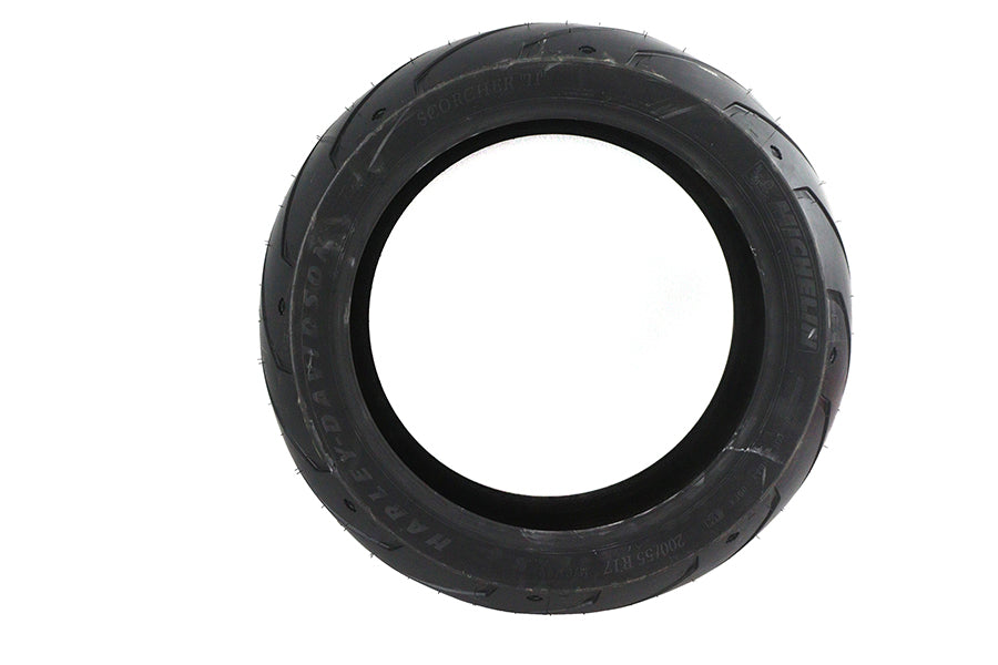 Michelin Rear Scorcher II 200/55ZR17 blackwall motorcycle tire mounted on wheel, detailed tread pattern visible