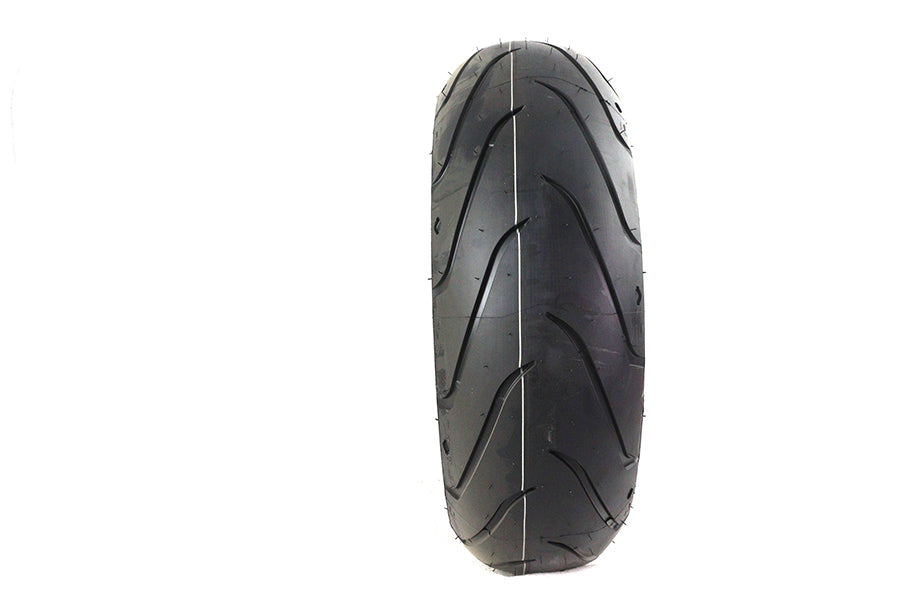 Michelin Rear Scorcher II 200/55ZR17 blackwall motorcycle tire mounted on wheel, showing tread pattern and sidewall details.