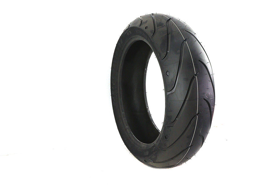 Michelin Rear Scorcher II 200/55ZR17 blackwall motorcycle tire mounted on wheel, showing tread pattern and sidewall details.
