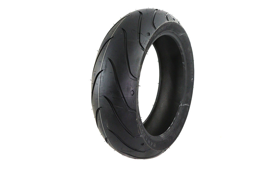 Michelin Rear Scorcher II 200/55ZR17 blackwall motorcycle tire mounted on wheel, showing tread pattern and sidewall details