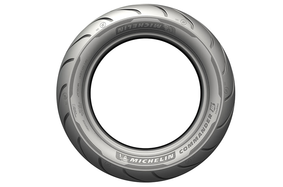 Michelin Commander III 80/90-21 front cruiser tire mounted on wheel, showcasing tread pattern and sidewall design.