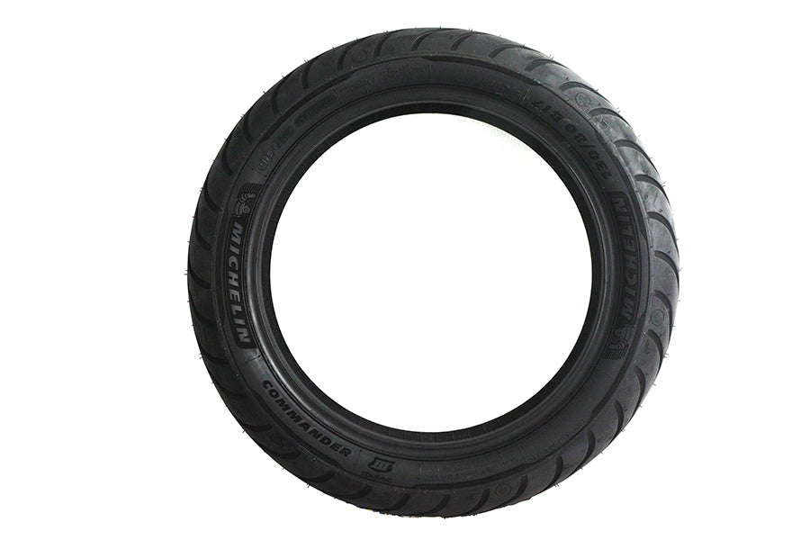 Michelin Commander III 130/80 B17 front touring motorcycle tire mounted on wheel, side view showing tread pattern and branding