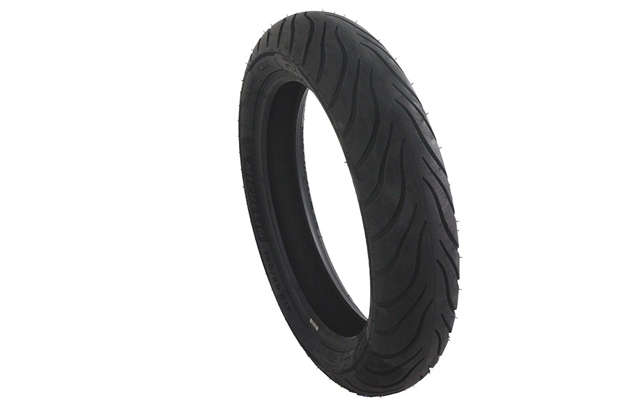 Michelin Commander III 130/80 B17 front touring motorcycle tire mounted on wheel, showcasing tread pattern and sidewall details.