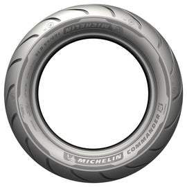 Michelin Commander III MU85 B16 rear touring motorcycle tire mounted on wheel, showcasing tread pattern and sidewall details.