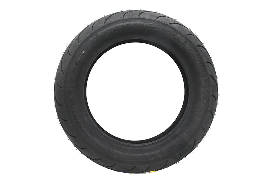 Michelin Commander II MT90 B16 front motorcycle tire mounted on wheel, showcasing tread pattern and sidewall details.