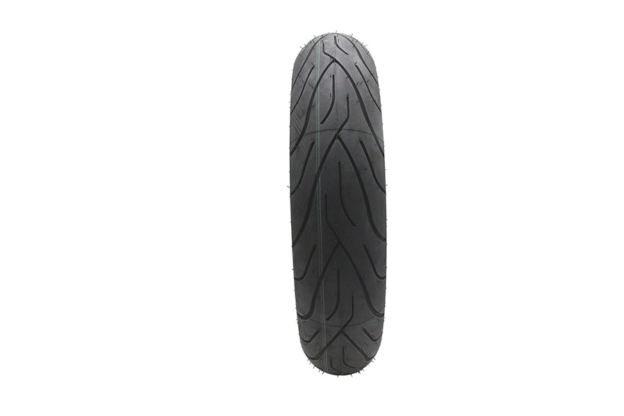 Michelin Commander II MT90 B16 front motorcycle tire mounted on wheel, showcasing tread pattern and sidewall details.
