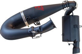 SLP Single Pipe Pol 9r exhaust system component showing polished metal pipe with branding details and mounting points.