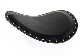 Bates Bobber Solo Seat shown on motorcycle, black leather seat with chrome mounting hardware, designed for custom bobber bikes.