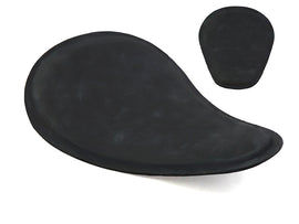 Bates Bobber Solo Seat and saddlebag for motorcycle, featuring a sleek black leather design with stitching details.