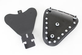 Bates Solid Mount Solo Seat in black leather, designed for motorcycle seating and saddlebag compatibility.