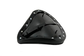 Black vinyl solo seat for motorcycles, Bates Seat & Saddlebag series, featuring a sleek, cushioned design for comfortable riding.