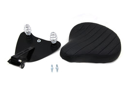 Black leather solo seat with mount kit for motorcycle, Bates seat and saddlebag, shown from side view with mounting hardware visible.