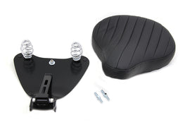 Black leather solo motorcycle seat with mounting kit by Bates, designed for comfort and style on bikes.