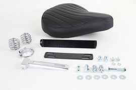 Black leather solo seat kit with saddlebag from Bates, featuring a sleek, cushioned motorcycle seat for solo riding comfort.