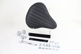 Black leather solo seat kit with saddlebag for motorcycle, Bates brand, featuring a sleek, cushioned design and sturdy mounting hardware.