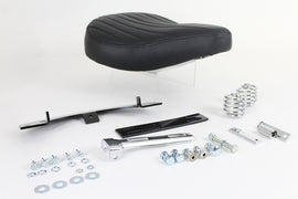 Black leather solo seat kit with saddlebag for motorcycle, Bates brand, featuring sleek, comfortable design and durable craftsmanship.