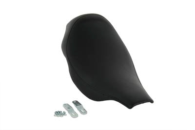 Black Wyatt Gatling Solo Seat for motorcycle, showcasing durable seat and saddlebag design in close-up view.