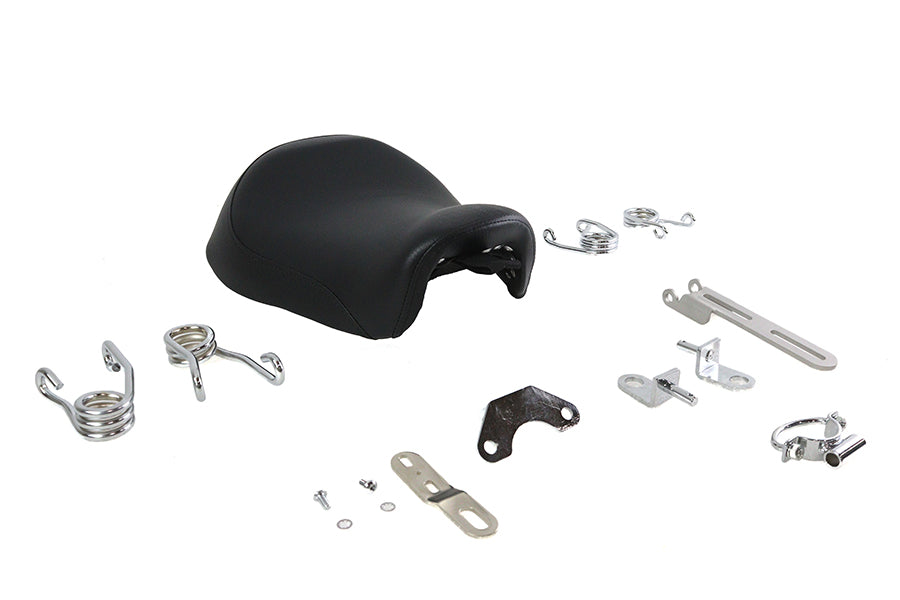 V-TWIN Bates Solo Seat Kit with saddlebag for motorcycle, featuring a sleek black leather seat and matching saddlebag.