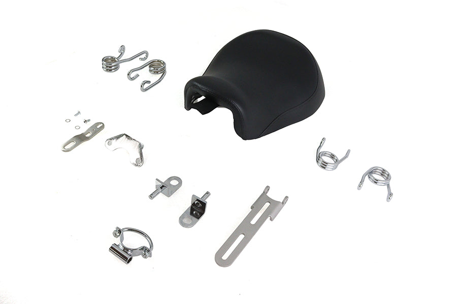 V-Twin Bates Solo Seat Kit with seat and saddlebag for motorcycle, featuring black leather upholstery and chrome accents.