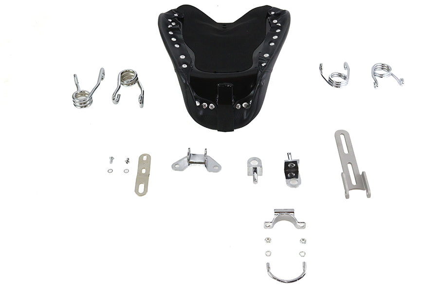 V-TWIN Bates Solo Seat Kit with saddlebag for motorcycle, featuring black leather seat and matching saddlebag design.