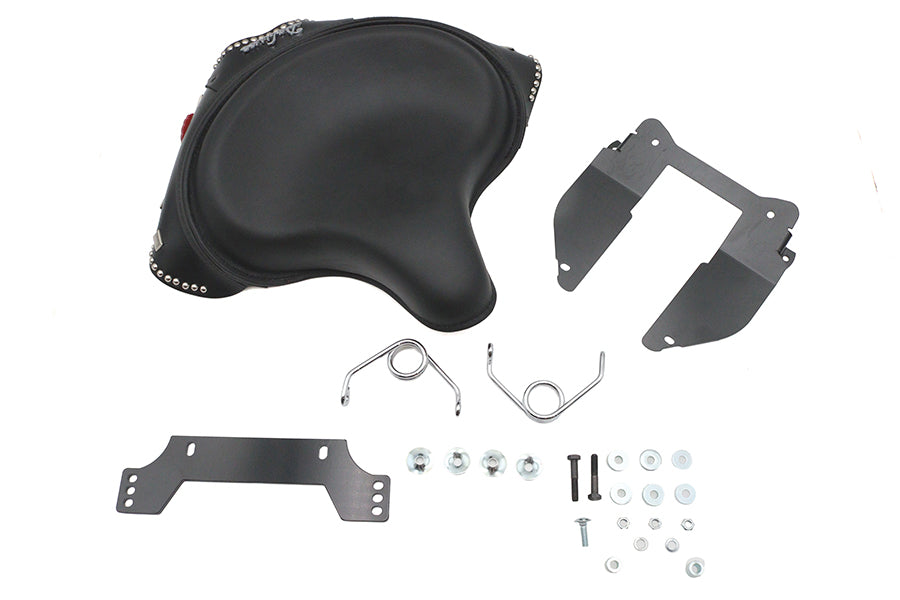 V-TWIN Deluxe Solo Seat Kit with matching saddlebag for motorcycle, featuring a comfortable padded seat and stylish design.