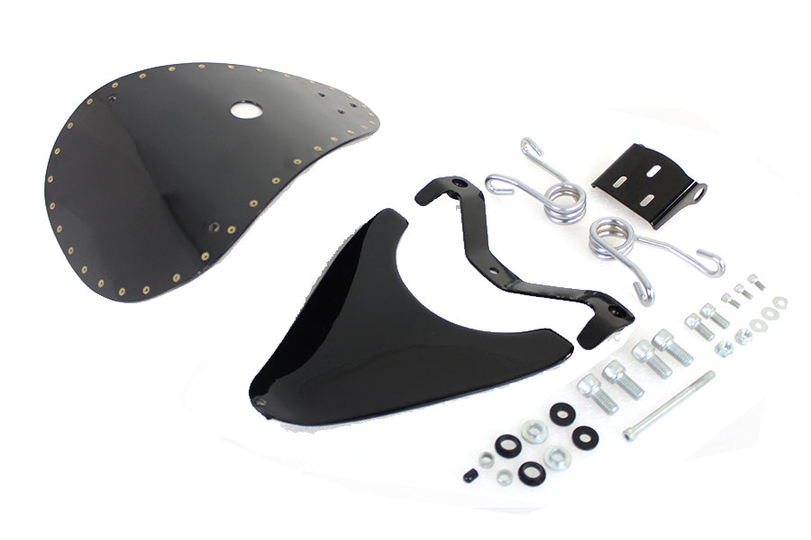 Bates Spring Mount Bates Bobber Solo Seat Kit with seat and saddlebag for motorcycle customization.